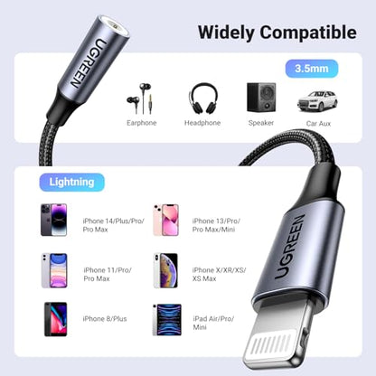 UGREEN Headphone Adapter for iPhone Lightning to 3.5mm MFi Certified, Grey | Apple MFi Certified Aux Jack Dongle Cable, Compatible with iPhone 14 Pro Max/14 Plus/13 12 11 Pro Max/SE/XS, Aluminum Shell - color: Grey
