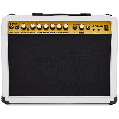 LyxPro 40 Watt Electric Guitar Amplifier | Solid State Studio Amp with 8” 4-Ohm Speaker, Custom EQ Controls, Drive, Delay, ¼” Passive/Active/Microphone Inputs, Aux in & Headphone Jack - White - color: White, size: 40 Watt