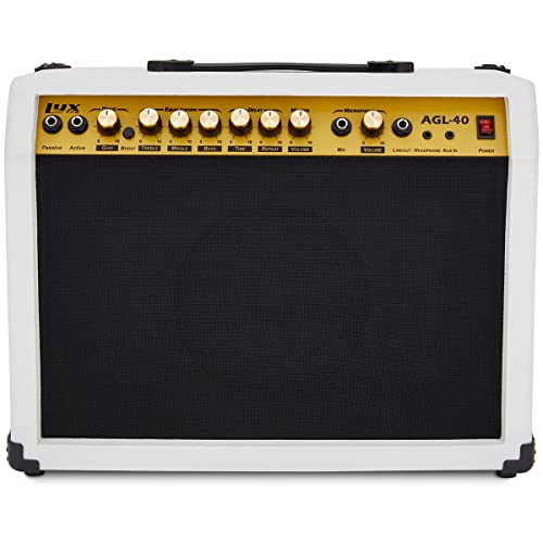 LyxPro 40 Watt Electric Guitar Amplifier | Solid State Studio Amp with 8” 4-Ohm Speaker, Custom EQ Controls, Drive, Delay, ¼” Passive/Active/Microphone Inputs, Aux in & Headphone Jack - White - color: White, size: 40 Watt