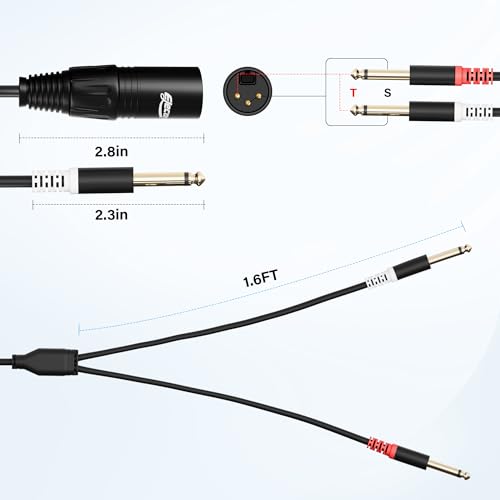 Elecan 3-Pin XLR Male to Dual 6.35mm 1/4'' TS Male Y Splitter Converter Cable 8 Ft, Double Mono to XLR Microphone Cable Stereo Audio Interconnect Adapter Cord for Mixer AMP Speaker+5 Ties - size: 8FT, style: Male XLR to 2TS