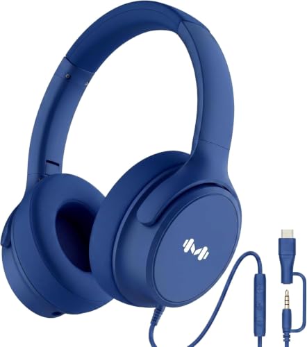 Wired Over-Ear Headphones, Mic, 3.5mm, USB-C Adapter, Dark Blue - color: Dark Blue