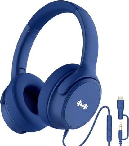 Wired Over-Ear Headphones, Mic, 3.5mm, USB-C Adapter, Dark Blue - color: Dark Blue