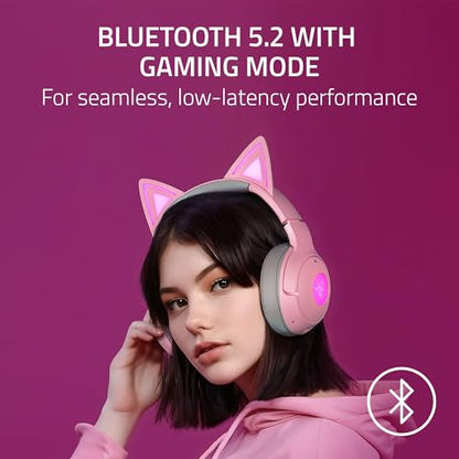 Razer Kraken Kitty V2 BT Wireless RGB Headset, Pink | Chroma RGB Kitty Ears & Earcups, Bluetooth 5.2, 40 mm Drivers, Noise-cancelling Mics, Lightweight, USB-C, 40 Hr Battery - color: Quartz Pink