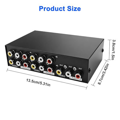MEIRIYFA 4 Way AV RCA Switcher Splitter 4 in 1 Out 4 Port AV RCA Switch | 4-in-1 Composite Video L/R Audio Switcher Selector Box for DVD Player, Game Consoles TV Monitor Projector