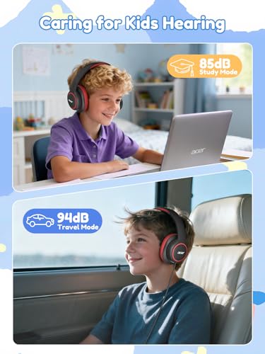 Acer OHW328 Kids Headphones Wired for School - Over Ear Design | 85/94dB Safe Volume, 3.5mm Jack Foldable Headphones for Kids Boys Girls Classroom Yoto Player Chromebook Travel Black Red - color: Black Red