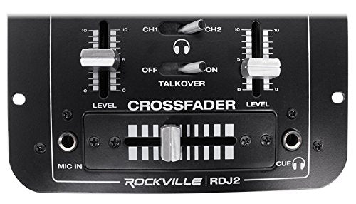 Rockville RDJ2 2-Channel DJ Mixer with USB and Talkover | 4 RCA Line Inputs, USB MP3 Player, 1/4" Mic/Headphone Jacks, Cue Monitor, 3-Band EQ, Crossfader, Master/Rec Outputs - style: without bluetooth