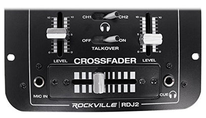 Rockville RDJ2 2-Channel DJ Mixer with USB and Talkover | 4 RCA Line Inputs, USB MP3 Player, 1/4" Mic/Headphone Jacks, Cue Monitor, 3-Band EQ, Crossfader, Master/Rec Outputs - style: without bluetooth