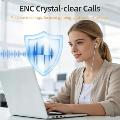 ENC 노이즈 캔슬링 유선 이어버드, USB 타입 C - 3.5mm 어댑터가 있는 하이브리드 드라이버 유선 헤드폰, 마이크 핸즈프리 통화 3.5mm 잭 인이어 헤드폰 아이폰 16/15/삼성/PC용 - color: 화이트+타입 C 어댑터