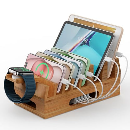 Pezin & Hulin Bamboo Charging Station with 5 Cables-Natural Bamboo | Wood Desktop Docking with Watch Holder for Phone, Tablet & Watch – Charge 7 Devices at Once, 5 Cables Included (No Adapter) - color: Dock Stand +Cables