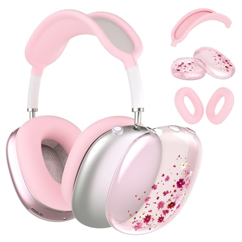 Headphone Cover for AirPods Max, Girly Cute Clear Ear Cups Covers, Pink Silicone Ear Pad Case Headband Cover for Apple AirPods Max (2024/2020), Pink Petals - color: Pink Petals-Pink