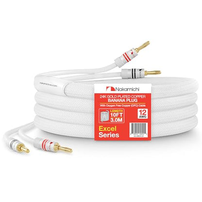 Nakamichi 24k Gold Plated Banana Plugs with 12 AWG Speaker Cable 99.9% OFC | Oxygen-Free Copper, Excel Series, Heavy Duty Braided for Amplifier Receiver Hi-Fi Stereo Audio Wire - White (10 feet / 3.0m) - color: White (12 AWG), size: 10-Feet (3.0m)