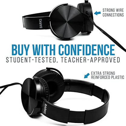 Barks Classroom Headphones Bulk 10 Pack (Select Black, On-Ear, Wired 3.5mm) | Durable Everyday Student Use, Tangle-Free Cords, Adjustable Fit All-Day Comfort, Clear Sound, Easy Clean, K-12 School Testing