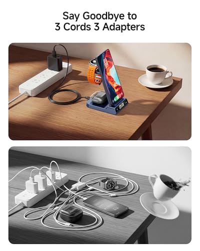 3 in 1 Wireless Charger for Samsung Galaxy S26 Ultra, Galaxy Watch 8, Buds | Dimmable LED clock, Dual-angle charging stand, Case-friendly, Compact & space-saving, Multi-protection, Charging indicator - color: Blue