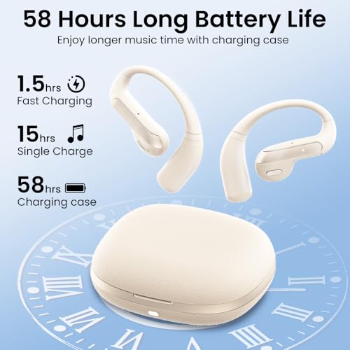 Piluyaa Open Ear Bluetooth 5.3 Earbuds, Wireless Headphones Sport Over Earphones Built-in Mic with Ear Hooks, 58H Playtime Ear Buds Fast Charging, IPX7 Waterproof for Running/Workout-Off White - color: OFF WHITE