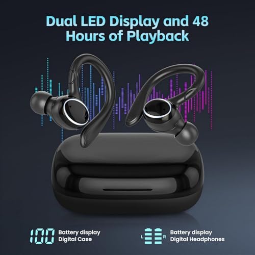 Wireless Earbuds Bluetooth 5.3 Headphones Stereo Ear Buds, ENC Noise Cancelling Mic,IPX7 Waterproof Earphones with Hook for Android iOS Smart Phone Laptop Computer Sports - Black