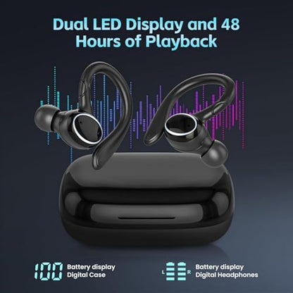 Wireless Earbuds Bluetooth 5.3 Headphones Stereo Ear Buds, ENC Noise Cancelling Mic,IPX7 Waterproof Earphones with Hook for Android iOS Smart Phone Laptop Computer Sports - Black