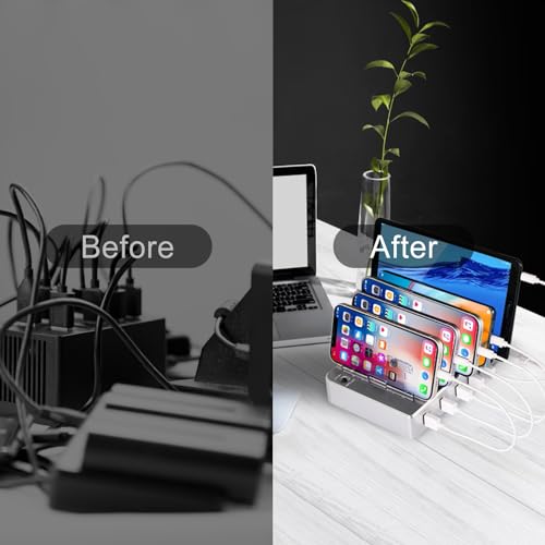 Charging Station for Multiple Devices, 6 Ports Multi Devices USB Charger Fast Cell Phone Charging Station for iPhone iPad Tablet (Silver, 6 Mixed Cables Included)