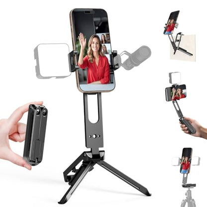 All Metal Foldable Pocket Phone Tripod Stand & Selfie Stick, Mini Travel Vlogging Tripod with 360° Rotation Phone Holder, Dual Cold Shoe, 1/4" Screw & Arca-Swiss, Fits iPhone & Android
