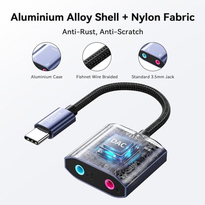 USB C Sound Card, USB C to Headphone and Microphone Jack Audio Adapter External Sound Cards Compatible with Windows, Laptops, Desktops Windows, MAC, Linux, PC, PS5, PS4(Grey)
