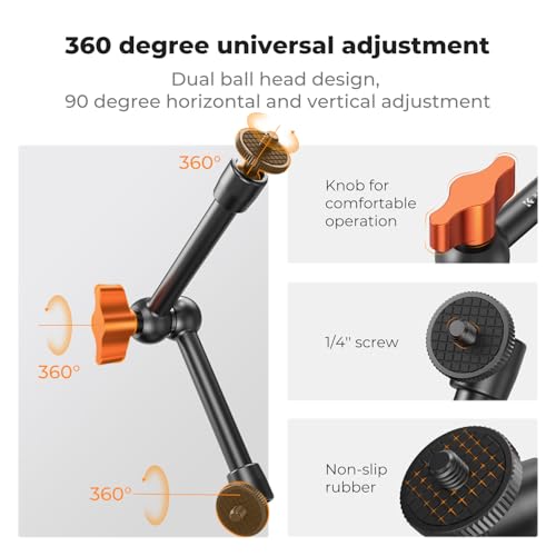 K&F CONCEPT 9.8" Magic Arm, 1/4" Screw Camera Mount Arm 360° Ball Heads | for DSLRs, Monitor, Flash, LED Light, Microphone, Camera Cage, Action Camera, MS32 - style: 9.8" Arm