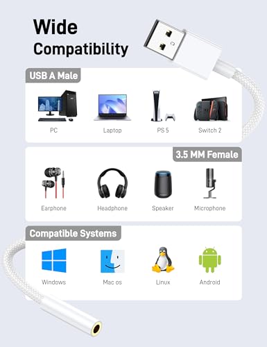 10 Pack USB to 3.5mm Audio Jack Adapter, Audio Aux Cable External Stereo Sound Card, USB to 3.5mm TRRS Female Headset for PS5 PS4 Headphone PC Laptop Linux Desktops and More Device - size: 10 Pack