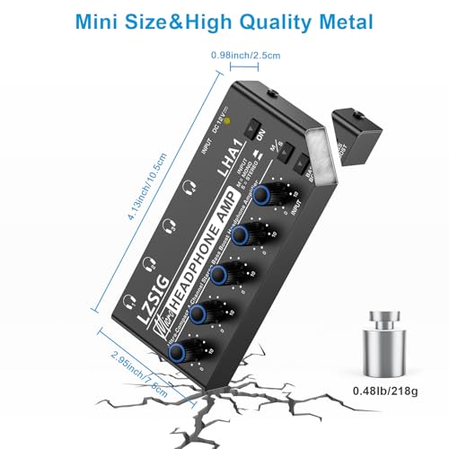 LZSIG Headphone Amplifier with Bass Boost, 4 Channel, 1 IN 4 OUT, DC 12V | Metal Stereo Audio Amplifier, Mini Earphone Splitter with Power Adapter, 1/4" & 1/8" TRS Headphones Output & TRS Audio Input - size: Small(4-channel)
