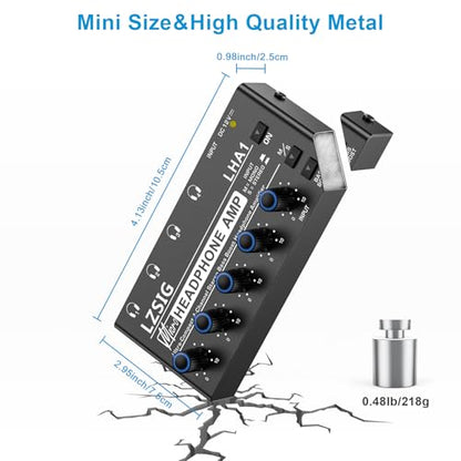 LZSIG Headphone Amplifier with Bass Boost, 4 Channel, 1 IN 4 OUT, DC 12V | Metal Stereo Audio Amplifier, Mini Earphone Splitter with Power Adapter, 1/4" & 1/8" TRS Headphones Output & TRS Audio Input - size: Small(4-channel)