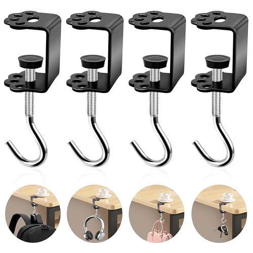 4Pcs Desk Hook for Hanging Bag Backpack Under Desk Clamp Cute Cat J Hooks Heavy Duty Black Metal Purse Hook for Table Adjustable Headphone Holder Desk for Table Desk Closet Door Cabinets