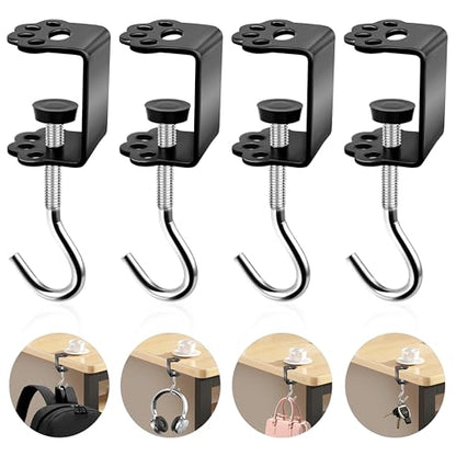 4Pcs Desk Hook for Hanging Bag Backpack Under Desk Clamp Cute Cat J Hooks Heavy Duty Black Metal Purse Hook for Table Adjustable Headphone Holder Desk for Table Desk Closet Door Cabinets