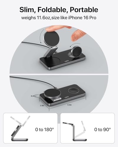 UEQ Foldable 3 in 1 Wireless Charging Station for Apple Magsafe Charger Stand,Fast Magnetic Wireless Charger Station for iPhone 17 Air 16 15 14 13 12 Series,Airpods Pro,Apple Watch Ultra (Pure Black) - color: Carbon Black
