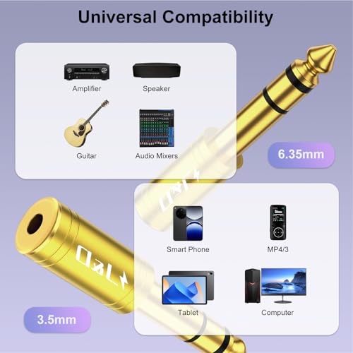 J&D 5-Pack 1/4 to 1/8 Headphone Adapter, 6.35 mm to 3.5 mm Stereo TRS Male to Female, Gold-Plated 3.5mm Plug Jack Connector for Guitar, Amp, Keyboard, Bass, Yellow - color: Yellow