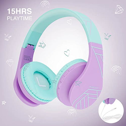 PowerLocus Bluetooth Headphones for Kids, Wireless Foldable Headphones Over Ear, Headphone with Microphone, 85DB Volume Limit, Wireless and Wired Headset with Micro SD, FM for Cellphones, Tablets, PC - color: Teal/Purple