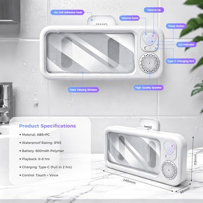 Waterproof Shower Bluetooth Speaker with Phone Holder, IPX5 Splash-Proof Wireless Bathroom Speaker for iPhone & Android, Touch Screen Shower Caddy with Strong Adhesive Hook