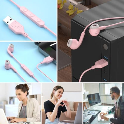 USB Earbuds for PC,Headphones with Microphone for Computer,Pink - color: Pink