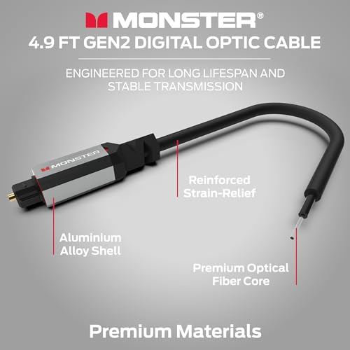 Monster Gen2 Essentials Digital Optical Audio Cable (Toslink, SPDIF), Fiber Optic Cable for TV, Soundbar & Home Theater System, Gold-Plated Connectors, 4.9ft