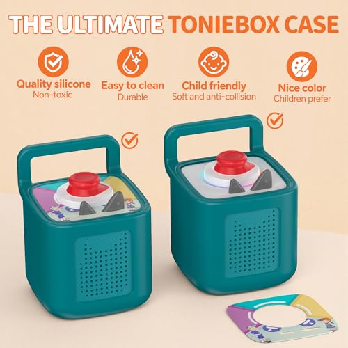 Silicone Protective Cover for Toniebox 2 Audio Player, Shockproof Anti Slip Silicone Case with Handle, Soft Easy Grip Cover, Easy to Clean Durable Sleeve (Tropical Teal) - color: Tropical Teal