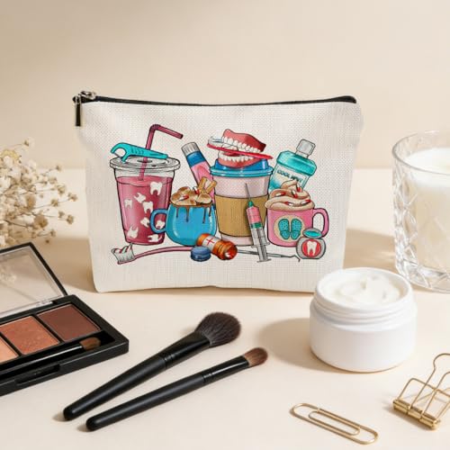 JIUWEIHU Dental Coffee Lover Makeup Bag, Funny Dentist Dental Cosmetic Bags | Travel Organizer Bag Zipper Pouch, Christmas Birthday Gifts for Dental Students Women Friend Colleague Sister - color: Multicolor 0061