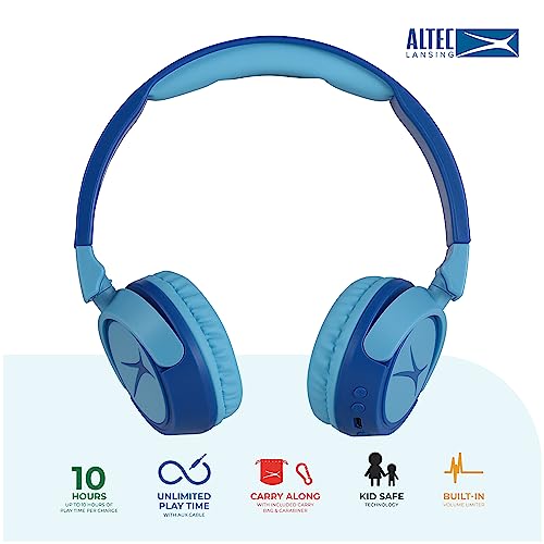 Altec Lansing Kid Safe 2-in-1 Wireless Bluetooth Headphones - Crystal Clear Sound, Safe Volume Limiting, Foldable Design - Enjoy Audio and Protect Your Child's Hearing (Hero Blue) - color: Hero Blue