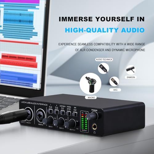 U204 USB Audio Interface for PC Computer Recording Music, 2x2 Guitar Audio Interface for Mac 32Bit/192kHz Podcasting Streaming for Vocalist Producer with 48V Phantom