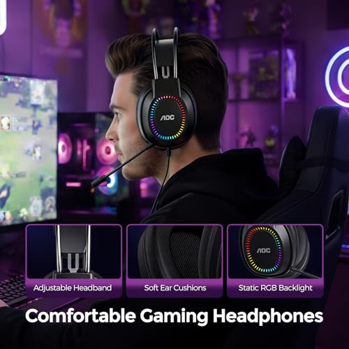 AOC Wired Gaming Headset with Mic, USB Gaming Headphone with Stereo Sound for PC/Laptop/PS4/PS5, 50mm Drivers RGB Corded Headphones for Game/Work/Music, ACG2500