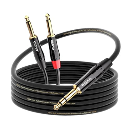 tisino 1/4 inch TRS Stereo to Dual 1/4 inch TS Mono Insert Cable Y-Splitter Stereo Breakout Cable Patch Cord - 3.3 feet | 1/4"（6.35mm） TRS Stereo Jack to Dual 1/4"（6.35mm） TS Mono Y-Splitter Aux Lead for Mixer & Studio, Gold-Plated OFC - size: 3.3 feet
