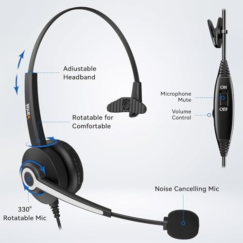 Wantek Phone Headset with Microphone Noise Cancelling, Telephone Headsets 2.5MM Jack Compatible with Panasonic AT&T RCA Vtech Uniden Dect Cisco SPA Polycom Cordless Phones for Call Center Office Work