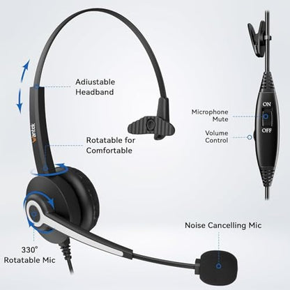 Wantek Phone Headset with Microphone Noise Cancelling, Telephone Headsets 2.5MM Jack Compatible with Panasonic AT&T RCA Vtech Uniden Dect Cisco SPA Polycom Cordless Phones for Call Center Office Work