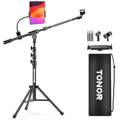 TONOR Microphone Stand with Tablet Holder, Tripod Boom Arm for Floor, Adjustable Height and Angle, Heavy Duty Stand with Carrying Bag, Smartphone and Pad Clamp, Excellent Compatibility, T35 - style: Mic Stand