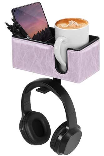 Under Desk Cup Holder Clamp on Cup Holder PU Leather Clip on Desk Organizer | Desk organizer with pencil holder clamp on side, under desk hanging organizer, clip on cup holder desk phone stand holder PU - color: Violet