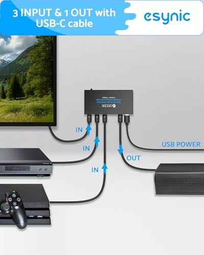 eSynic Portable Digital Optical Audio Switcher 3 in 1 Out-Aluminum Alloy | USB Powered-IR Remote Control-Works with Dolby Digital and DTS Audio Formats From PS4/Blue-Ray/DVD/HDTV to Optical Soundbar