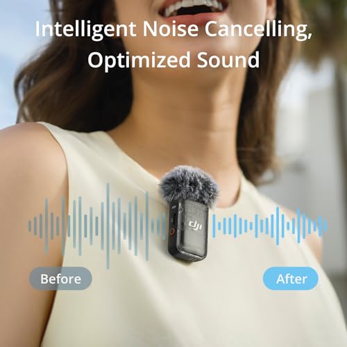 DJI Mic 2 (1 TX + 1 RX), Wireless Mic with Intelligent Noise Cancelling | 32-bit Float Internal Recording, Optimized Sound, 250m (820 ft.) Range, Microphone for iphone, Android, Camera, Vlogs