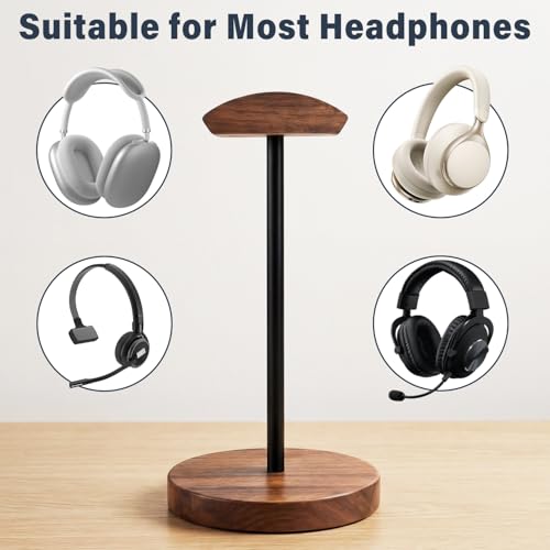 Wood & Metal Headphone Stand, Headset Holder for Desk, Desktop Gaming Headphone Hanger with Stable Non-Slip Bamboo Base, Universal Earphone Stand for Gaming, Office, Home, Gift - color: Black walnut