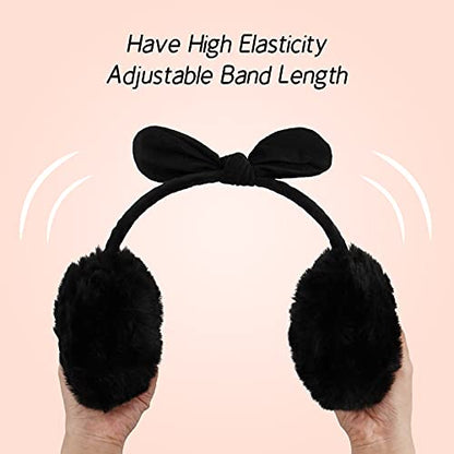 POXIMI Women Winter Earmuffs Girl Ski Adjustable Ear Covers for Kid Cute Bow Ear Warmer Outdoor Earmuff Fleece Lining - color: B-black