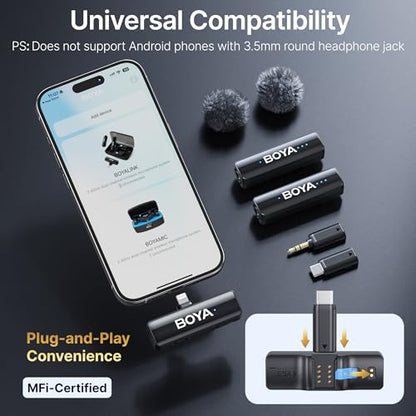 BOYA BOYALINK 2 A2 (2TX+3RX Adapter) Wireless Lavalier Microphone for iPhone Camera Android, Clip on Mic, 48 KHz 24 Bit, 6mm Mic, 1000ft, Noise Cancelling, Mini Lapel Mic USB-C/Lightning/3.5mm TRS